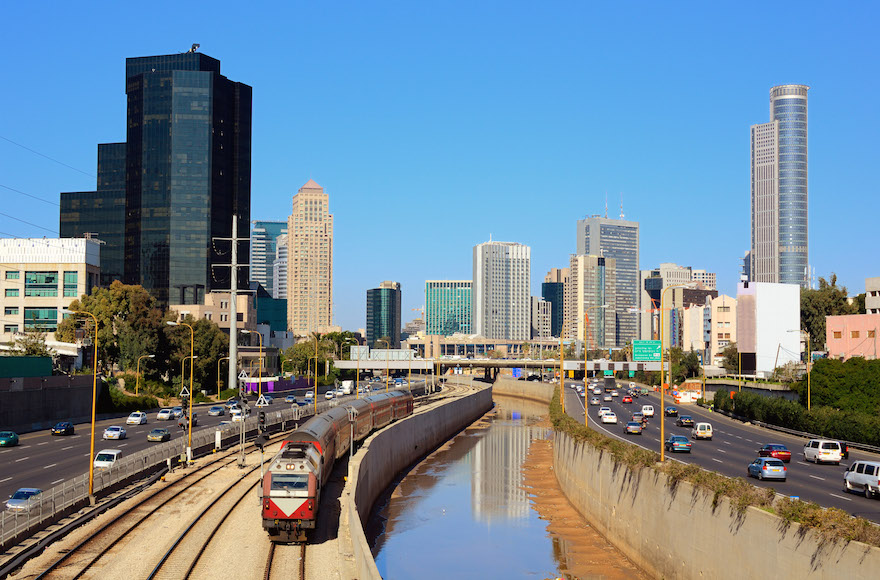 Israeli train riding through Ramat Gan's financial district. (Shutterstock/JTA) 