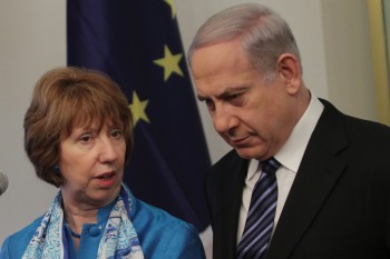 Israeli Prime Minister Benjamin Netanyahu met on June 20, 2013 in Jerusalem with Catherine Ashton, the EU's foreign policy chief, who said the union's recent decision on Hezbollah was "partly a political signal."  (Alex Kolomoisky/FLASH90/JTA)