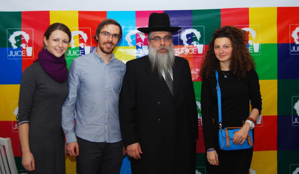 Left to right, Juice co-organizers Inna Yampolskaya and Igor Kozlovskiy, Ukrainian Chief Rabbi Yaakov Rabbi Bleich and the American Jewish Joint Distribution Committee's Lilya Vendrova at a Juice event in Kiev, November 2012. (Courtesy Juice)