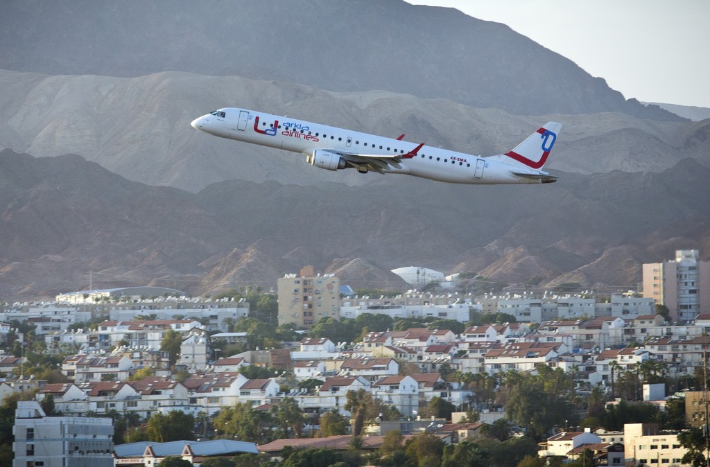 An Arkia Airlines plane taking off from the Eilat Airport. Five days after the airport was shut down due to security threats, the resort city was targeted for a rocket attack from the Sinai Desert. (Moshe Shai/FLASH90)