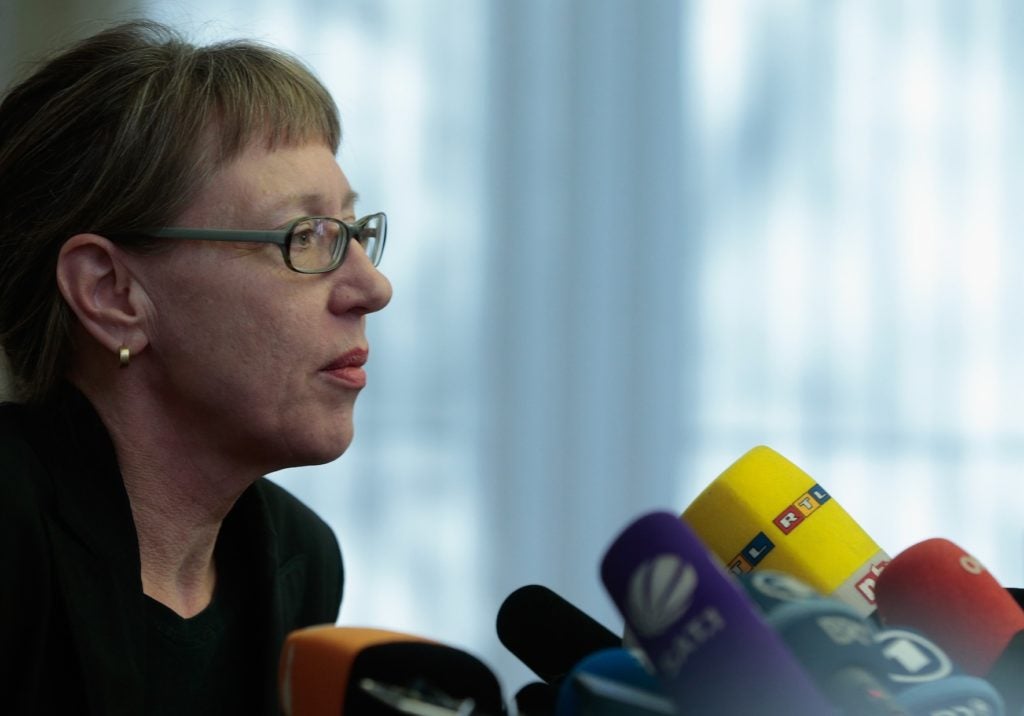 Art historian Meike Hoffmann addressing the media about the seizure of paintings from the Munich apartment of Cornelius Gurlitt, Nov. 5, 2013. (Johannes Simon/Getty Images)
