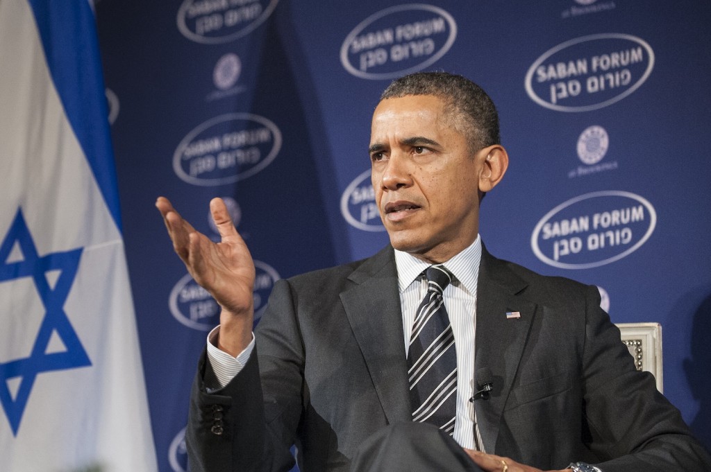  President Obama participating in a conversation at the 10th annual Saban Forum on U.S.-Israel relations in Washington, Dec. 7, 2013. (Pete Marovich/Getty Images) 