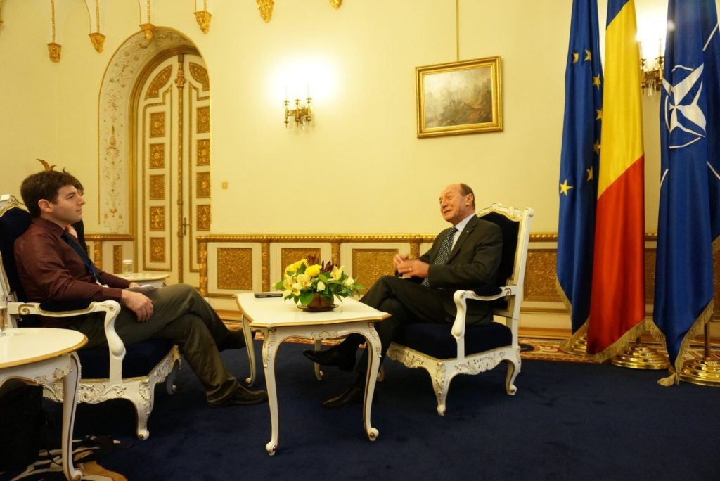 Romanian President Traian Basescu, right, was interviewed by JTA Europe correspondent Cnaan Liphshiz, left, on Jan. 17, 2014 at the Romanian presidential palace. (Courtesy of spokesperson's unit of the Romanian president's office)