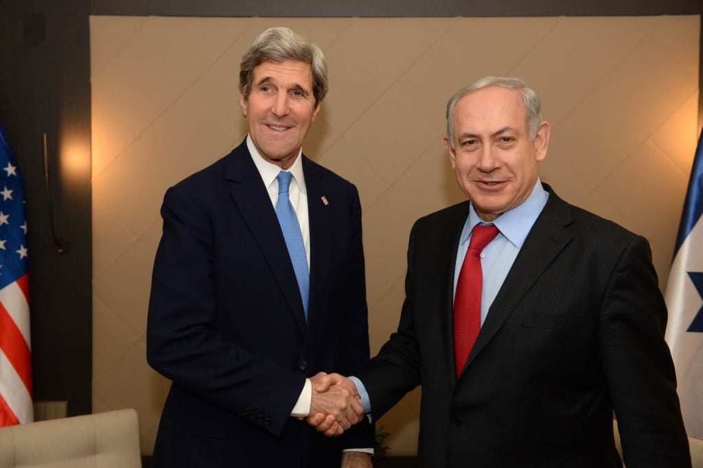 Secretary of State John Kerry and Israeli Prime Minister Benjamin Netanyahu meet during the World Economic Forum on Jan. 24, 2014 in Davos, Switzerland. (Kobi Gideon /Israeli Government Press Office via Getty Images)