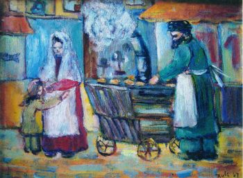 Ruth Arembud’s painting of a Lower East Side vendor will be displayed at the Eldridge Street Synagogue. (Courtesy Museum at Eldridge Street)