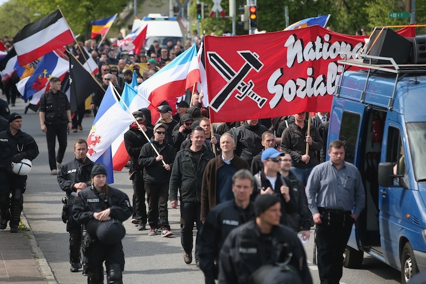 Some 250 supporters of the far-right National Democratic Party marched, accompanied by riot police, on May Day in Rostock, Germany, on May 1, 2014. (Sean Gallup/Getty Images)