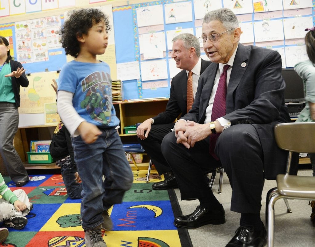New York State Assembly Speaker Sheldon Silver visits a pre-K class with Mayor Bill DeBlasio on May 23, 2014. (Pool/Getty Images)
