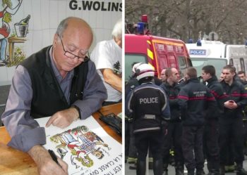 Celebrated French Jewish cartoonist George Wolinski, left, was killed in an attack on satirical newspaper Charlie Hebdo on Jan. 7; on right, police officers respond to the shooting (Wikimedia Commons and Youtube).