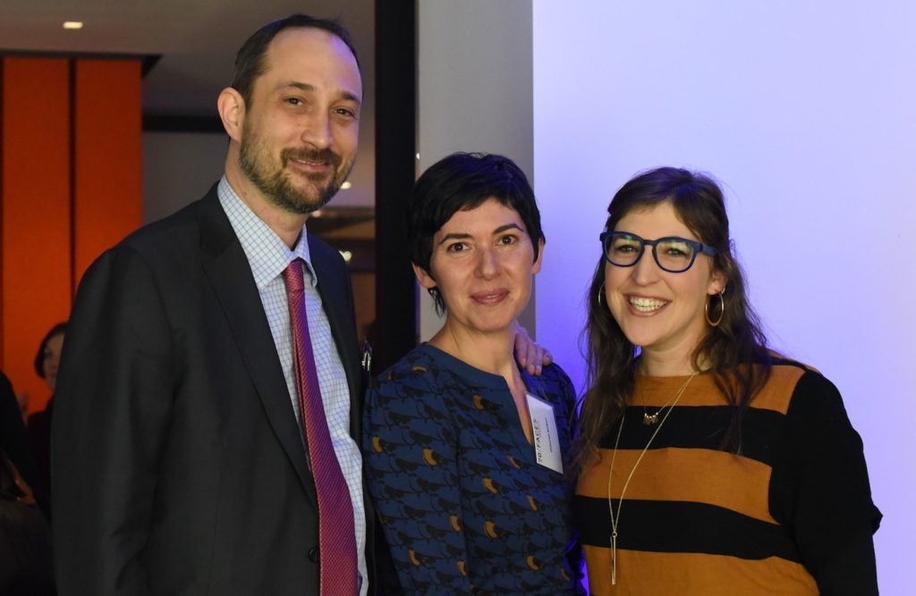70 Faces Media CEO Ami Eden, left, Editorial Director Deborah Kolben and actress Mayim Bialik celebrating the merger of JTA and My Jewish Learning. (Cara Paiuk)