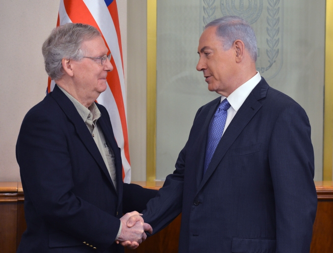 Sen. Majority Leader Mitch McConnell, left, and Prime Minister Benjamin Netanyahu of Israel meeting at Netanyahu's in Jerusalem, March 29, 2015. (Kobi Gideon/GPO/Flash90) 