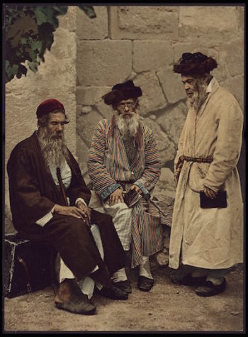 Spiritual Jews from the first Aliyah (migration wave) in Jerusalem gather for prayer. Jews fled Eastern Europe after the assassination of Czar Alexander II and the rise of pogroms in 1881. Most went to America, but 2-3% went to Palestine. (Courtesy of Israel National Library)