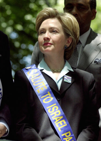 Then-U.S. senate candidate and First Lady Hillary Rodham Clinton standing at the Israel Day parade in New York on June 4, 2000. (Chris Hondros/Newmakers/Getty Images)