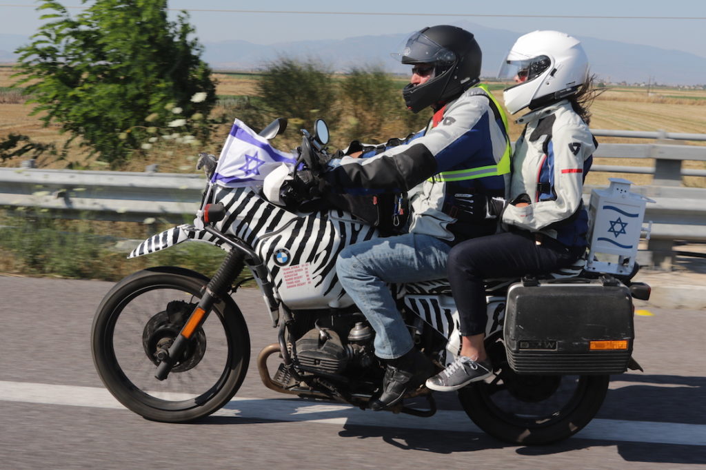 Elen Katz and Catherine Lurie-Alt participating in a motorcycle rally from Israel to Berlin for the opening of the European Maccabi Games. (Yosef Alony) 