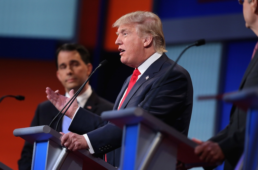 Donald Trump participating in the first Republican presidential debate at the Quicken Loans Arena in Cleveland, Ohio on August 6, 2015. (Scott Olson/Getty Images)