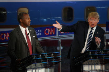Donald Trump and Ben Carson at the second Republican presidential debate at the Reagan Library in Simi Valley, California on Sept. 16, 2015. (Justin Sullivan/Getty Images)
