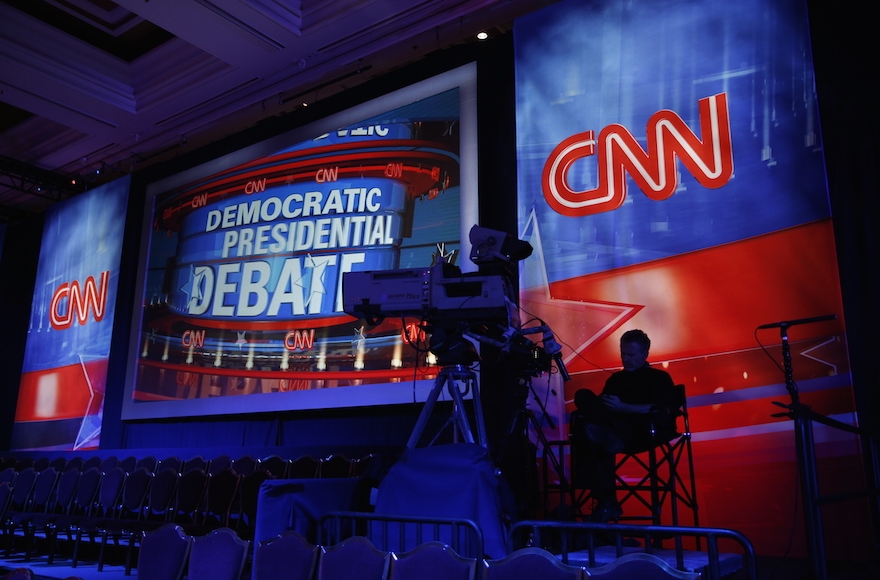 A camera operator waiting in the debate hall before a CNN Democratic presidential debate in Las Vegas, Oct. 13, 2015. (John Locher/AP Images)