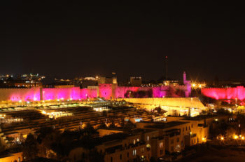 Pink lights promote breast cancer awareness in Jerusalem's Old City on Oct. 25, 2010. (Kobi Gideon / Flash90)