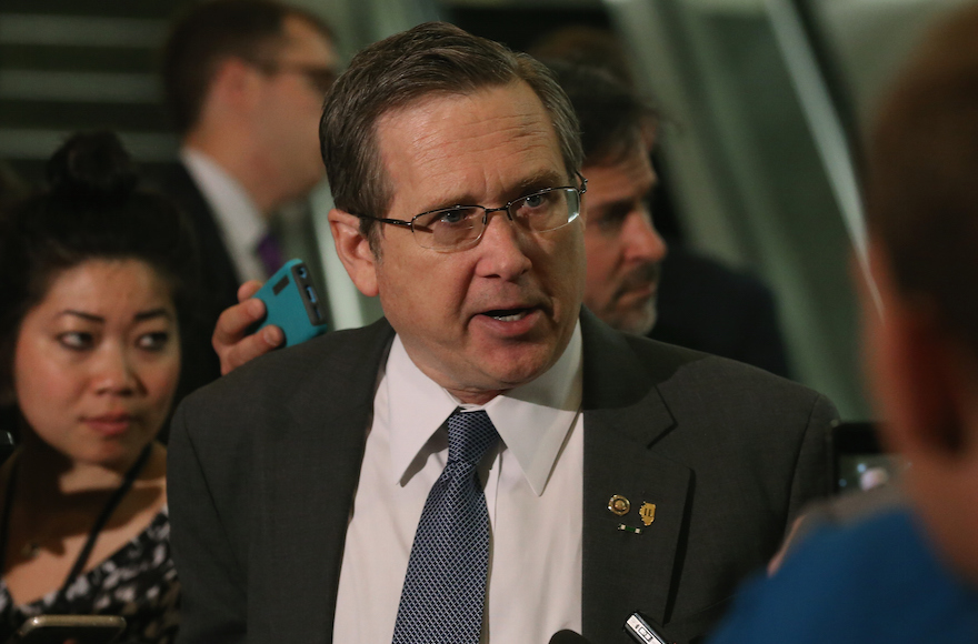 Sen. Mark Kirk, R-Ill., speaking to the media after attending a meeting with Secretary of State John Kerry on Capitol Hill in Washington, D.C., April 14, 2015. (Mark Wilson/Getty Images)