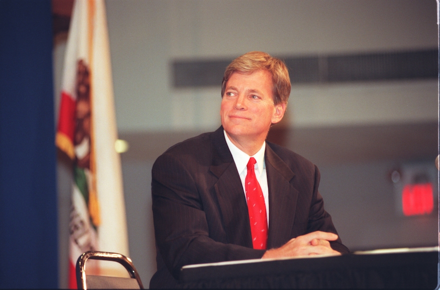 David Duke, former Ku Klux Klan grand wizard, during a debate with Joe Hicks at Cal State University, Sept. 25, 1996. (Brian Vander Brug/Los Angeles Times via Getty Images)