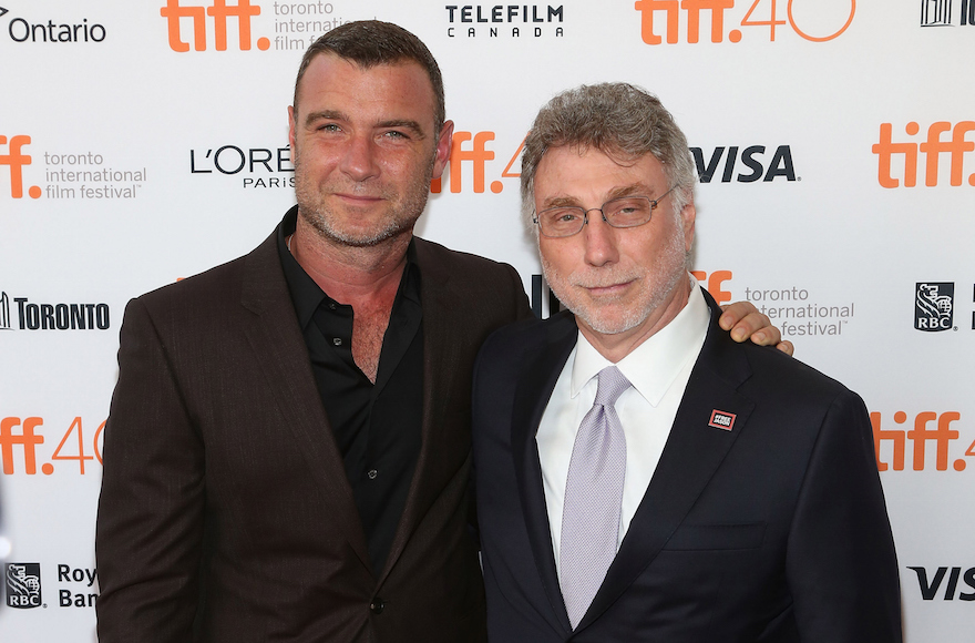 Liev Scheiber, left, with Marty Baron, the former Boston Globe editor he portrays in the film "Spotlight" in Toronto, Sept.  14, 2015. (Taylor Hill/Getty Images)