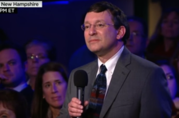Rabbi Jonathan Spira-Savett querying Hillary Clinton at the Democratic presidential candidates' town hall in Derry, New Hampshire, Feb. 3, 2016.