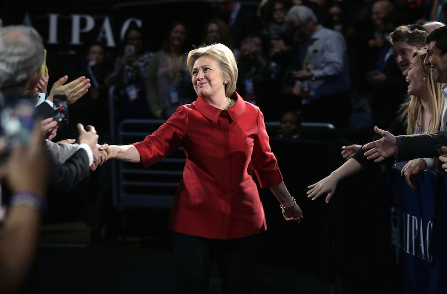 Democratic presidential candidate Hillary Clinton greeting attendees prior to her address to the annual policy conference of the American Israel Public Affairs Committee in Washington, D.C., March 21, 2016. (Alex Wong/Getty Images)