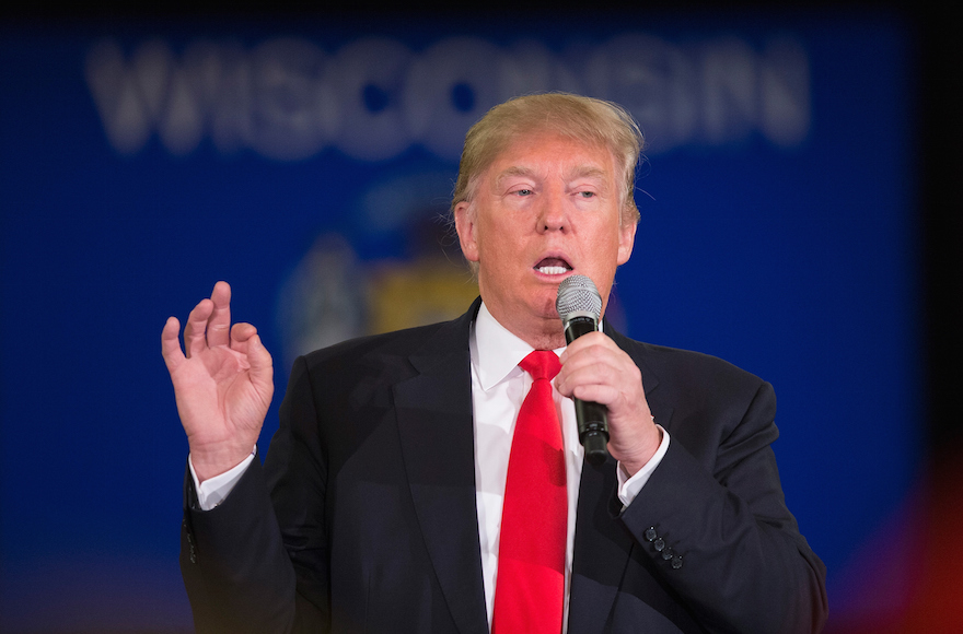 Republican presidential candidate Donald Trump speaking to guests during a campaign rally at the Radisson Paper Valley Hotel in Appleton, Wisconsin, March 30, 2016. (Scott Olson/Getty Images)