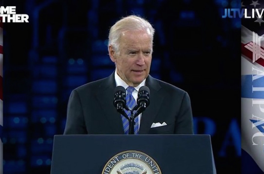 Vice President Joe Biden addressing the 2016 American Israel Public Affairs Committee Policy Conference in Washington, D.C., March 20, 2016. (YouTube screen capture)