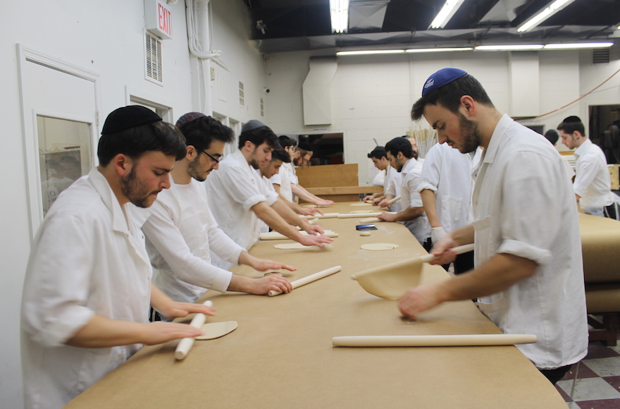 Matzah dough is rolled into thin, round discs before it is perforated and baked. Every 15 minutes at the Satmar Bakery in Brooklyn, the work ceases while all surfaces are scoured or replaced and all hands are washed to remove stray bits of dough. (Uriel Heilman)