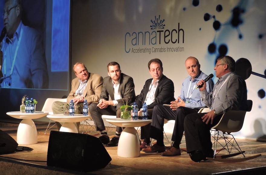 A panel of investors discussing the cannabis market at CannaTech, Israel's first-ever international cannabis technology conference, March 7, 2016 BEN SALES PHOTO