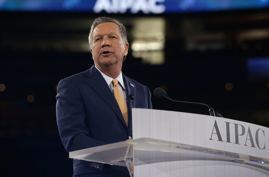 Ohio Gov. John Kasich addressesing the annual policy conference of the American Israel Public Affairs Committee in Washington, March 21, 2016. (Alex Wong/Getty Images)