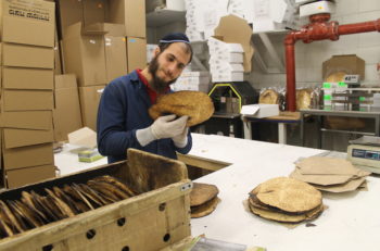 Every shmura matzah is inspected for quality and adherence to kosher standards before it's boxed. (Uriel Heilman)