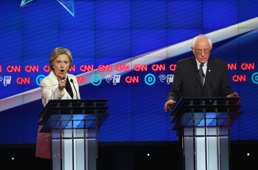 Hillary Clinton, left, and Sen. Bernie Sanders, I-Vt., debating during the CNN Democratic Presidential Primary Debate at the Duggal Greenhouse in the Brooklyn Navy Yard in New York City, April 14, 2016. (Justin Sullivan/Getty Images)