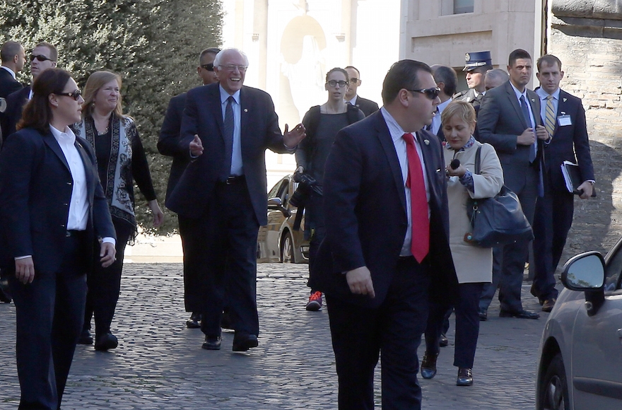 Bernie Sanders and his wife Jane leaving after a conference of the Pontifical Academy of Social Sciences in Vatican City, Vatican, April 16, 2016. (Elisabetta Villa/Getty Images)