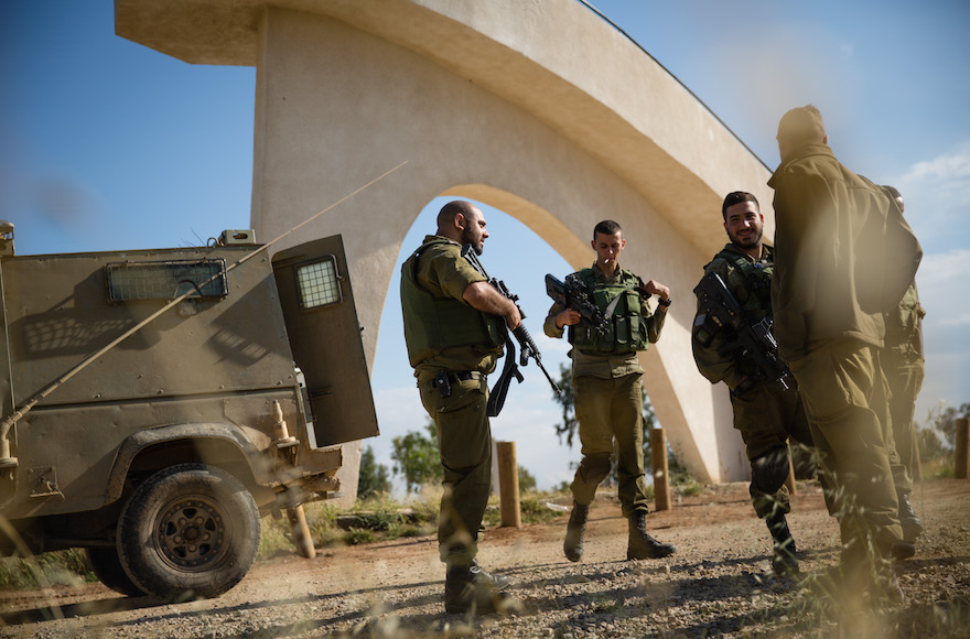 Israeli soldiers patrolling at the Anzac Memorial just outside the central Gaza strip in southern Israel,  on April 13, 2016. (Corinna Kern/Flash90)