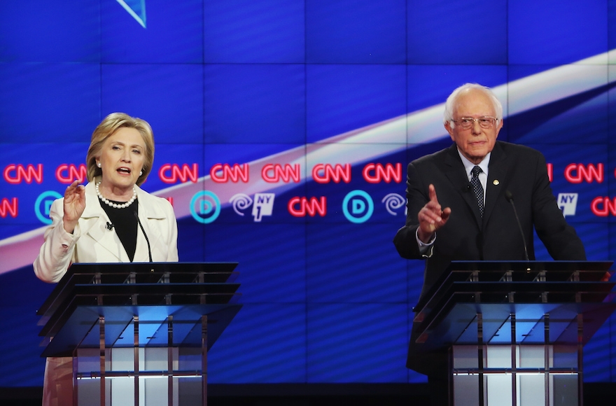 Hillary Clinton and Sen. Bernie Sanders, I-Vt., debating during the CNN Democratic Presidential Primary Debate at the Duggal Greenhouse in the Brooklyn Navy Yard in New York, April 14, 2016. (Justin Sullivan/Getty Images)