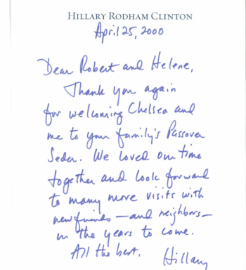Hillary Clinton's letter to the Fine family after attending their Passover seder in 2000. (Courtesy of Bob Fine)
