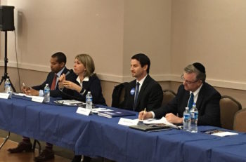 Left to right: Congressional candidates Will Jawondo, Kathleen Matthews, Joel Rubin and David Trone debate at the Kemp Mill synagogue in Silver Spring, Maryland at an event convened by the Orthodox Union, April 8, 2016. (Ron Kampeas)