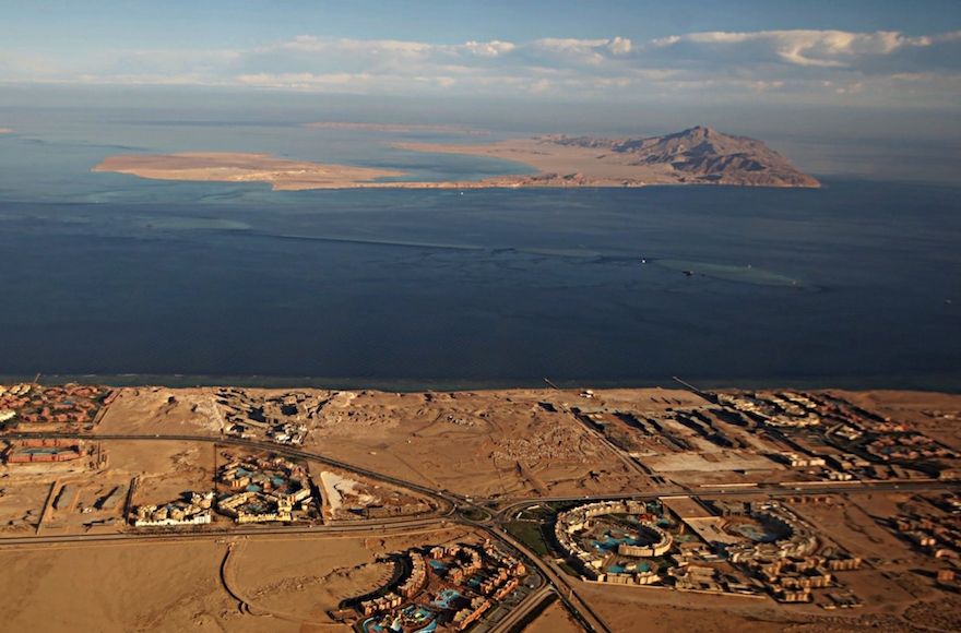The Red Sea islands of Tiran, in the foreground, and Sanafir, in the background, sit at the the Strait of Tiran between Egypt's Sinai Peninsula and Saudi Arabia. (Stringer/AFP/Getty Images)