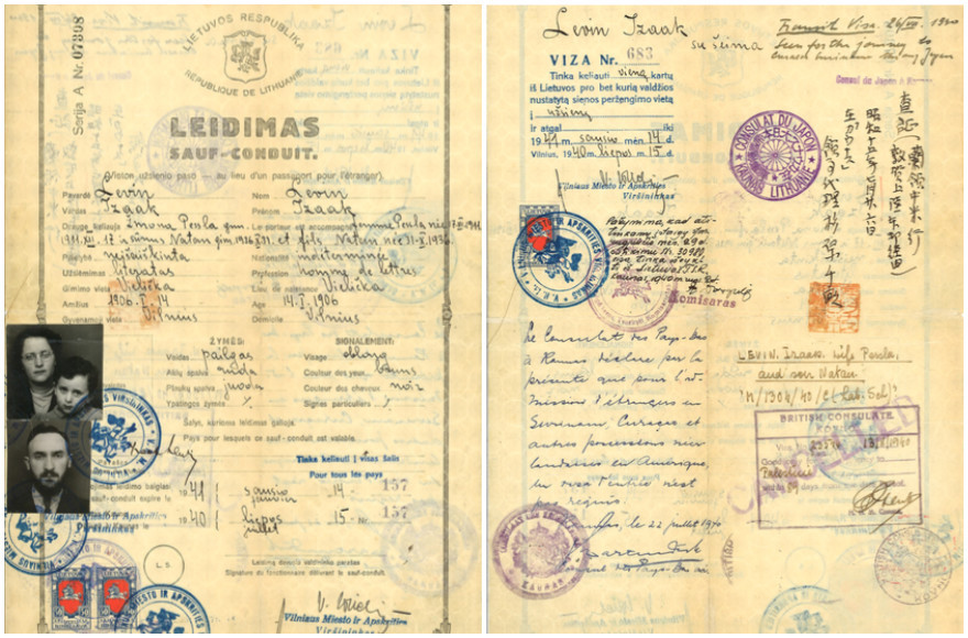  The endorsements of Chiune Sugihara – the Japanese Consul in Kovno, Lithuania – and the Dutch Consul in Kovno, Jan Zwartendijk, appear on  a Ledimas, or travel document, that allowed Isaak Lewin and his family to escape Lithuania in 1940. Washington attorney Nathan Lewin is the three-year-old boy in the arms of his mother, Peppy Sternheim Lewin. (Photo courtesy of Alyza D. Lewin)  