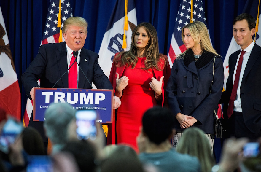 Donald Trump speaking during a campaign rally with, from left to right, his wife Melania Trump, Ivanka Trump and her husband, Jared Kushner, in Waterloo, Iowa, Feb. 1, 2016. (Samuel Corum/Anadolu Agency/Getty Images)