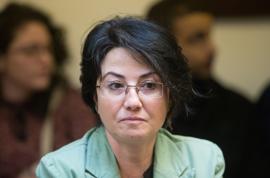 Hanin Zoabi attending the weekly Joint Arab list meeting at the Knesset in Jerusalem. Feb. 8, 2016. (Yonatan Sindel/Flash90)