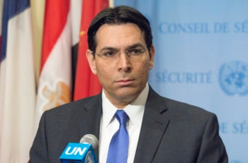 Ambassador Danon speaking to the press before the United Nations Security Council's quarterly debate on the ongoing conflict between Israel and Palestine. (Albin Lohr-Jones/Pacific Press/LightRocket via Getty Images)
