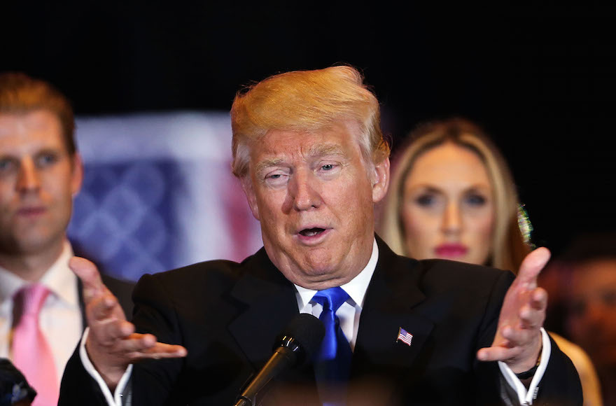 Republican presidential front-runner Donald Trump speaking to supporters and the media at Trump Tower in Manhattan following his victory in the Indiana primary in New York, May 3, 2016. (Spencer Platt/Getty Images)