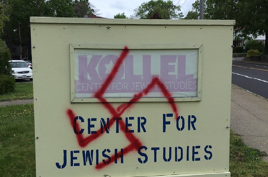 A swastika painted at Temple Ohawe Sholam in Pawtucket, R.I. (Courtesy of Marty Cooper, Jewish Alliance for Greater Rhode Island)
