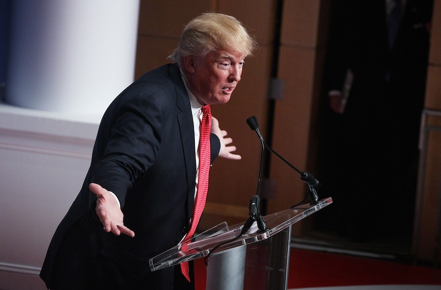 Donald Trump addressing the Republican Jewish Coalition at Ronald Reagan Building and International Trade Center in Washington, D.C., December 3, 2015. (Alex Wong/Getty Images)