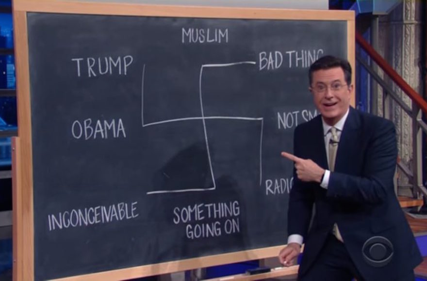 Steven Colbert drawing a swastika on "The Late Show with Stephen Colbert," June 14, 2016. (Screenshot from YouTube)