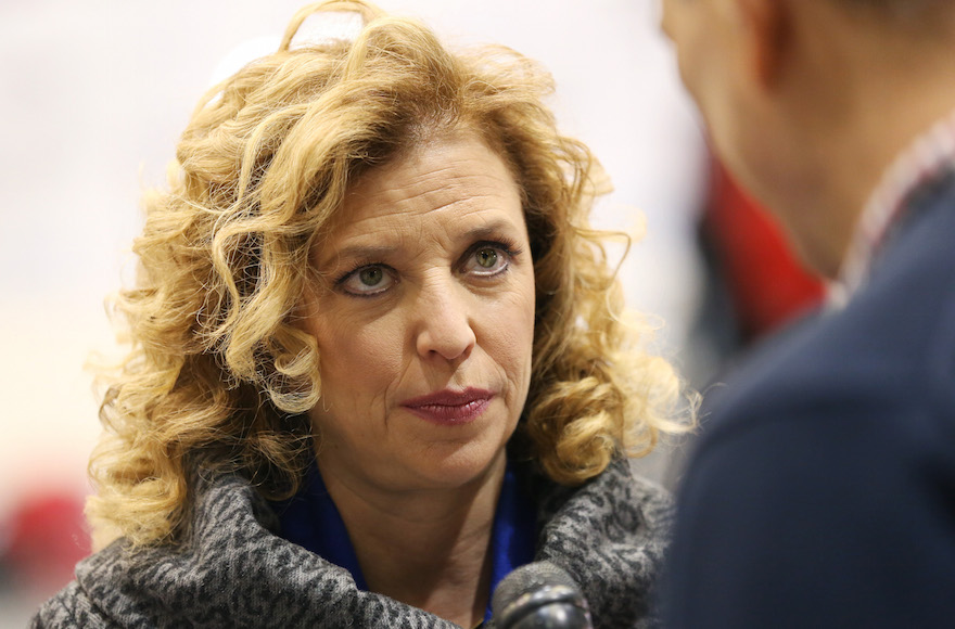 U.S. Representative Debbie Wasserman Schultz (D-FL 23rd District) and chair of the Democratic National Committee (DNC) speaking to a reporter before the democratic debate in Manchester, New Hampshire, Dec. 19, 2015. (Andrew Burton/Getty Images)