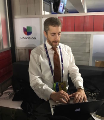 Joel Pollak of Breitbart News working at the Republican National Convention. (Ron Kampeas)