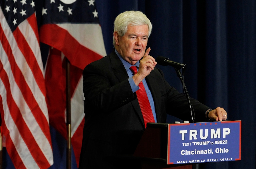 Newt Gingrich introducing Donald Trump during a rally at the Sharonville Convention Center in Cincinnati, Ohio, July 6. (John Sommers II/Getty Images)